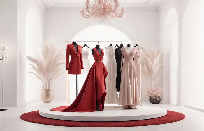 Fashion Designer Studio with Beautiful Dresses 3D Cartoon Illustration